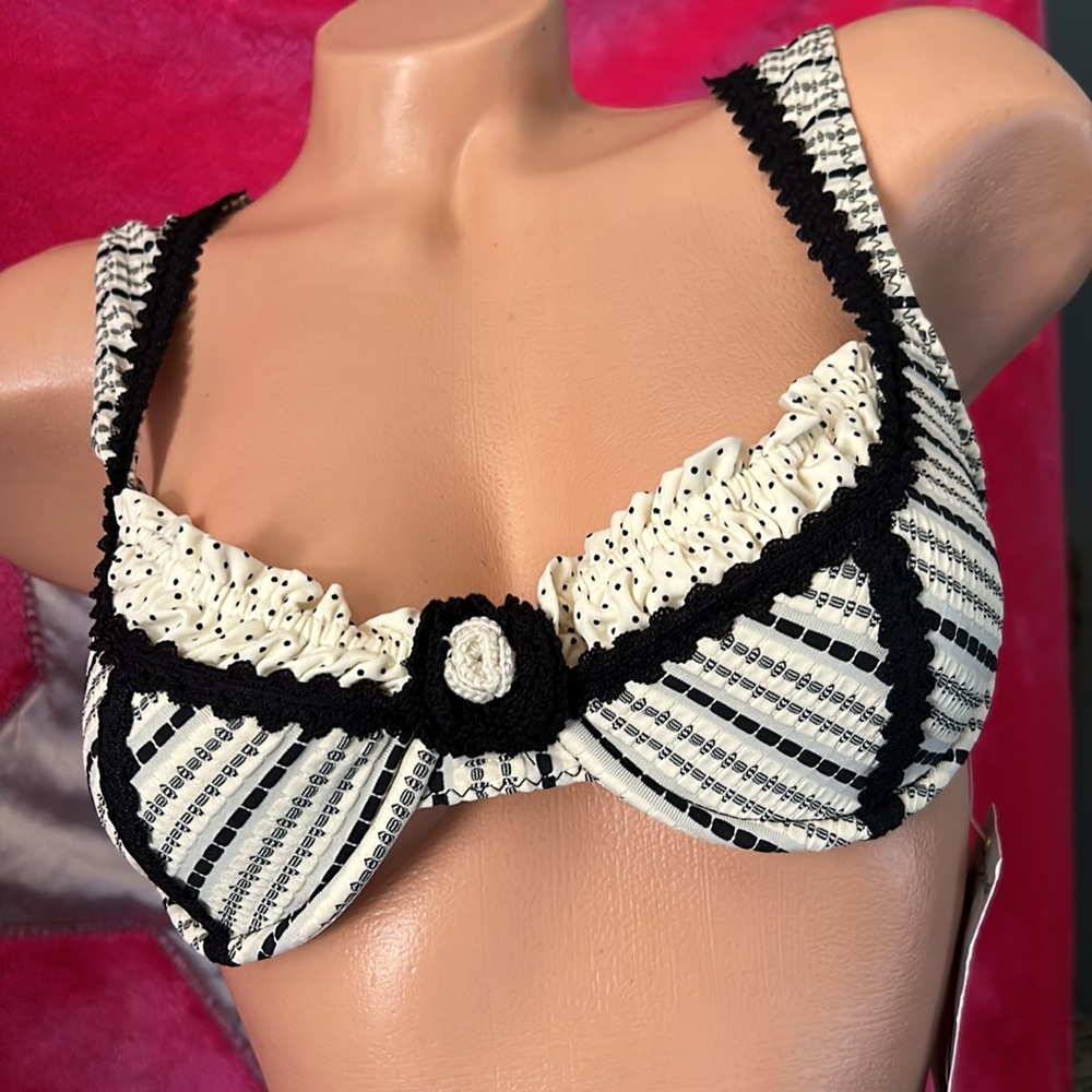 Betsey Johnson black cream striped bikini swimsuit retro dollbaby vintage skirt - Picture 14 of 16